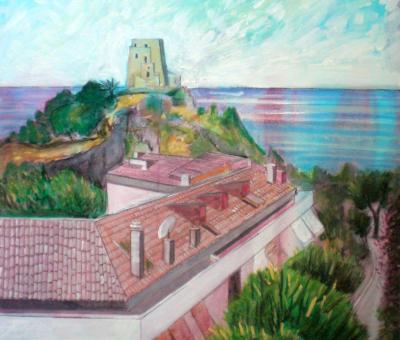 38-scorcio-con-torre-di-scalea-cs-tecnica-mista-su-tela-cm-50x70-anno-2004